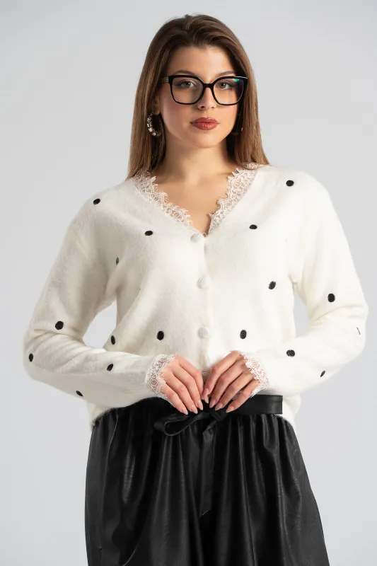 Cardigan Polka Dots Lace Neckline 