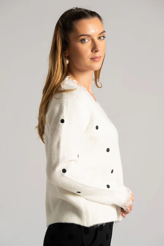 Cardigan Polka Dots Lace Neckline 