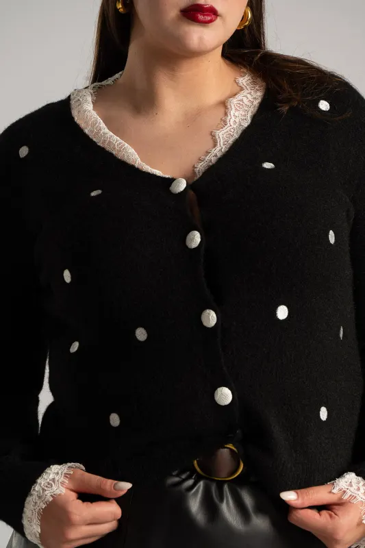 Cardigan Polka Dots Lace Neckline 