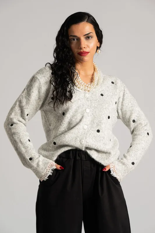 Cardigan Polka Dots Lace Neckline 