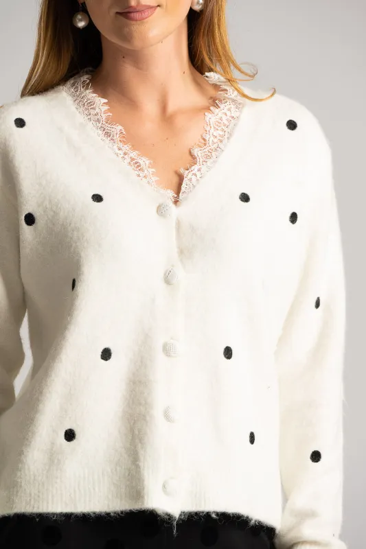 Cardigan Polka Dots Lace Neckline 