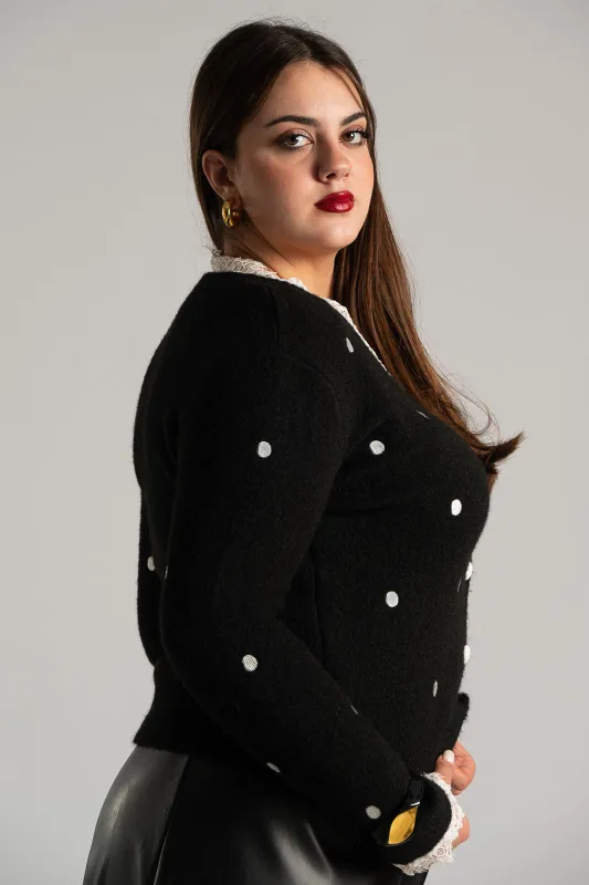 Cardigan Polka Dots Lace Neckline 
