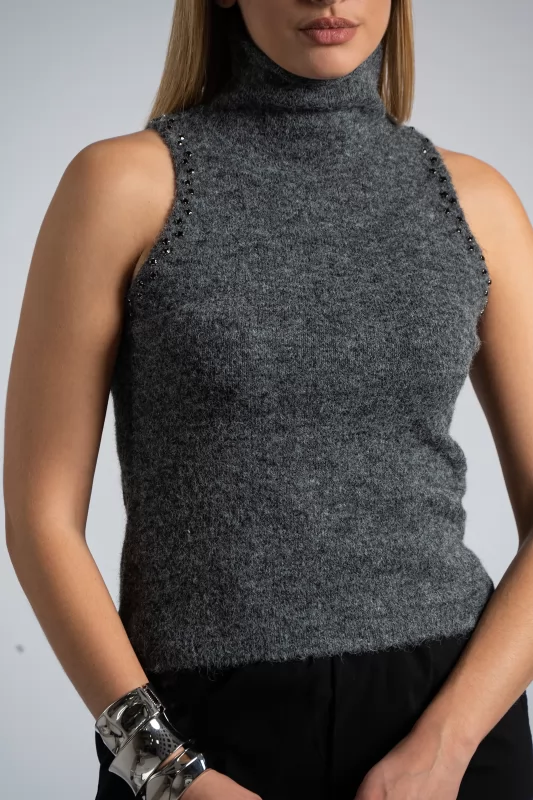 Turtleneck Sleeveless Rhinestones