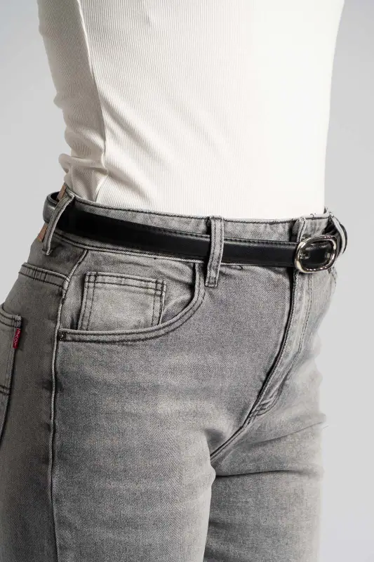 Leather Belt Oval Silver Buckle